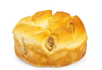 Shredded pork filled bread on white background. (clipping path)