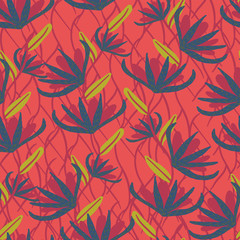 red background with blue flowers and brown leaves drawn by hand, seamless pattern vector