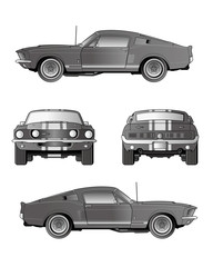 60 アメリカ マッスルカー四面図_テクニカルイラスト モノクロ
