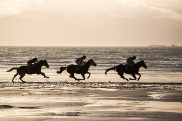 Race horses and jockeys racing on the beach, wild Atlantic way on west coast of Ireland in the...