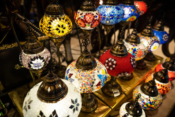 Colorful marble arabic lamp on display, selective focusing