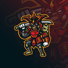 samurai mascot logo design vector with modern illustration concept style for badge, emblem and tshirt printing. mongky samurai illustration.