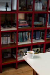 black coffee morning on white table marble 