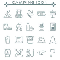 Camping related line icons, Various camping related line icons, Cute cartoon line icons of camping related items, Abstract camping related line icons, Vector illustration