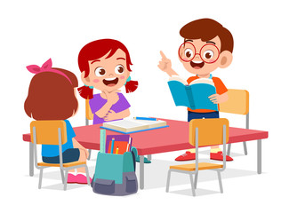 happy cute little kids boy and girl study