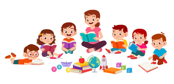 happy cute little kids boy and girl study with teacher