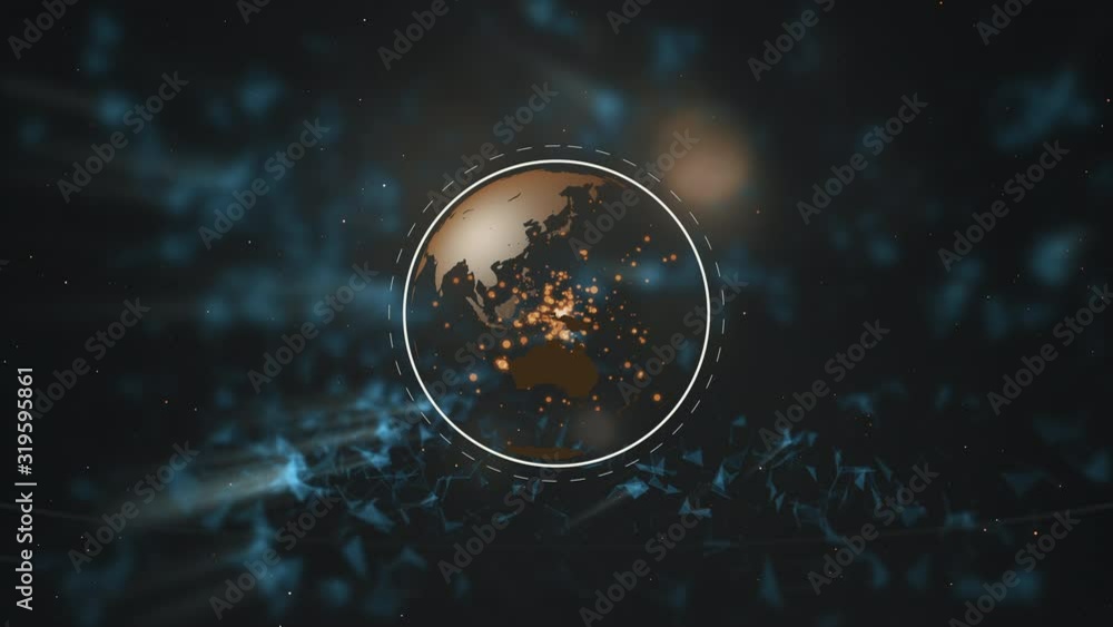 Poster formation of a planet and ozone layer out of white abstract particles over dark-blue plexus space ba