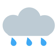 Rainy cloud emoji. Vector drawing of a grey rainy cloud, blue raindrops falling on the ground. 