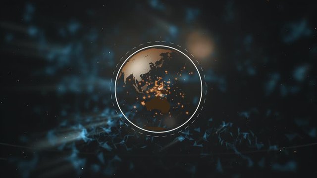 Formation of a planet and ozone layer out of white abstract particles over dark-blue plexus space background.