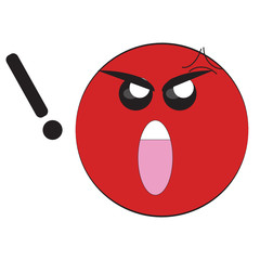 Shouting angry emoticon with exclamation point next to it. A red faced angry emoji, having mouth wide opened, eyes and eyebrows scrunched downward in anger. Expression of irritation, outrage, anger.