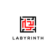 Obraz premium Labyrinth logo design, red black code logo icon vector illustration