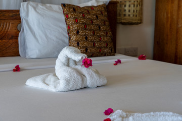 Obraz premium Beautiful swan from white bath towel decorate on bed, nice greeting from hotel