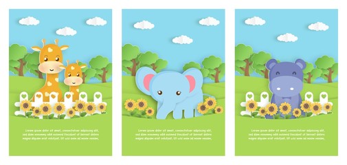 Set of zoo animals template cards with elephant ,hippopotamus and giraffe in paper card style for birthday card , baby shower card . 