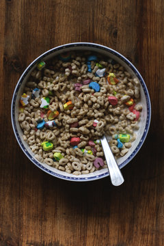 A Huge Bowl Of Sugary Cereals And Milk