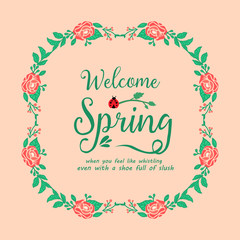 Elegant frame with leaf and rose red flower pattern, for welcome spring greeting card template decor. Vector