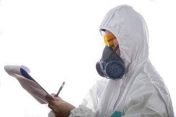 Woman in chemical protective clothing and antigas mask with glasses at white background, Women...