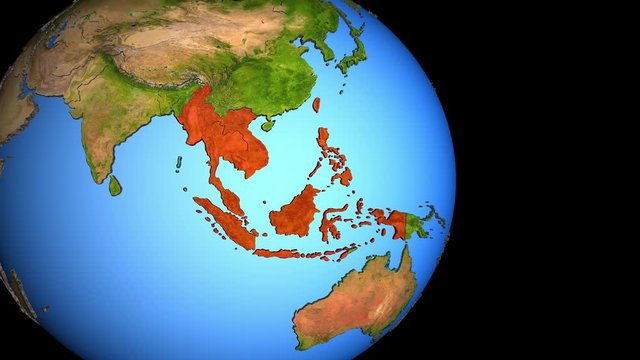 Closing in on ASEAN memeber states on political 3D globe with topography. 3D illustration.