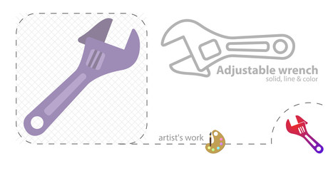 Adjustable wrench vector flat illustration, solid, line icon