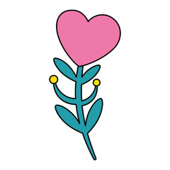 cute flower in shape heart with branch and leafs