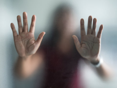 Blurry Woman Hand Behind Frosted Glass Metaphor Panic And Negative Dark Emotional