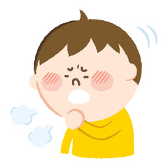 手書き風のイラスト。微熱があって咳が出ている男の子。