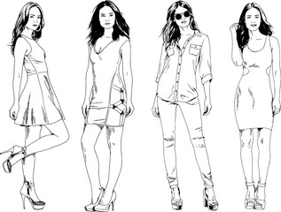 vector drawings on the theme of beautiful slim sporty girl in casual clothes in various poses painted ink hand sketch with no background