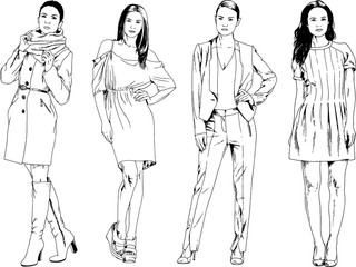 vector drawings on the theme of beautiful slim sporty girl in casual clothes in various poses painted ink hand sketch with no background