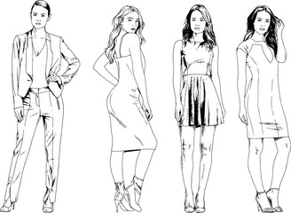 vector drawings on the theme of beautiful slim sporty girl in casual clothes in various poses painted ink hand sketch with no background