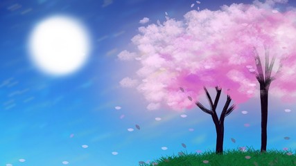 Cherry blossom tree, night sky with full moon