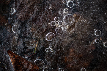 Bubbles of air in frozen water. The texture of the ice in nature. Beautiful natural background of frozen bubbles. Ice crust on the ground. The temperature is below zero. Winter has come. 