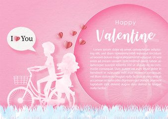 Closeup pink silhouette of lover ride a bike with Happy Valentine wording and example texts in a circle and on pink background. Valentine greeting card in paper cut and water colors vector design.