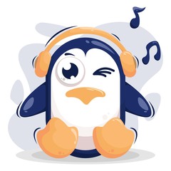Cute penguin listening music cartoon design vector
