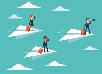 Businessman and business woman with suitcase on paper plane. Business people vacation concept. Holidays time, recreation and travel vector design