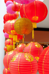 Chinese traditional lanterns in red colour symboling happiness hung in public for celebration of Chinese New Year