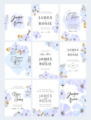 Obraz premium Set of sky Blue minimal Wedding Invitation, floral invite thank you, rsvp modern card Design in blue flower with leaf greenery branches decorative Vector elegant rustic template