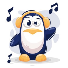 Cute penguin listening music mascot cartoon