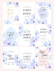 Naklejka premium Set of sky Blue minimal Wedding Invitation, floral invite thank you, rsvp modern card Design in blue flower with leaf greenery branches decorative Vector elegant rustic template