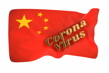 Gold inscription coronavirus is on the flying red Chinese flag. Medicine and drug concept 3d illustration isolated on white background
