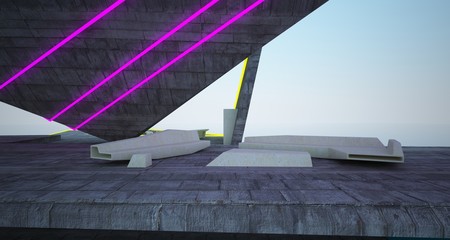 Abstract architectural concrete interior of a modern villa on the sea with colored neon lighting. 3D illustration and rendering.