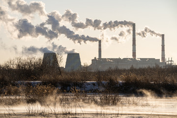Landscape with view of Nuclear power Plant from cooling pond. Copy space
