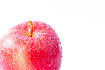One red apple with water droplets on the skin on a white background