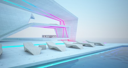 Abstract architectural concrete, wood and glass interior of a modern villa  with colored neon lighting. 3D illustration and rendering.