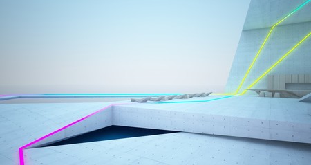 Abstract architectural concrete, wood and glass interior of a modern villa  with colored neon lighting. 3D illustration and rendering.