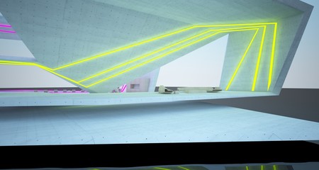 Abstract architectural concrete, wood and glass interior of a modern villa  with colored neon lighting. 3D illustration and rendering.