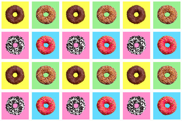 Seamless pattern of different donuts on bright checkered multi-colored background top view, tasty...