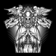 the nun,the power of pray colorful badge with dead woman head in hood and praying skeleton hands holding rosary in vintage style isolated vector illustration