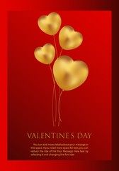 Vector Happy Valentine's Day greeting card with sparkling glitter gold textured hearts on red background in heart shape.Happy Valentines day disco party poster. Golden sparkle love heart symbol