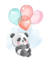 Fotobehang Dieren met ballon schattige panda vliegen met ballonnen illustratie