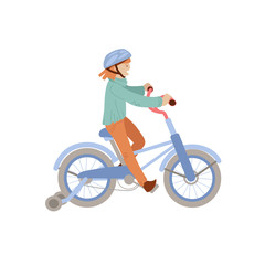 Cute teen or pre-teen girl ride a 4 wheel bike in a helmet, doing sport summer activities. Smiling happy girl on a bicycle, vector illustration, isolated on white background.