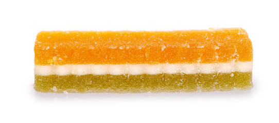 Multicolor layered marmalade, jelly snack. Isolated on white.